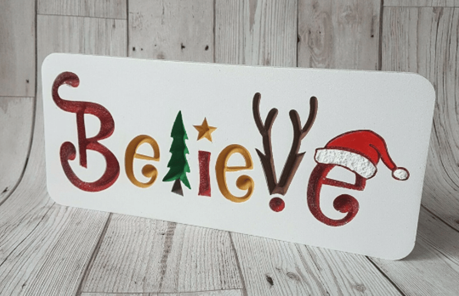 Believe christmas wooden sign, christmas decor, engraved freestanding christmas 