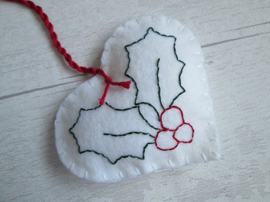 White Felt Heart With Holly Christmas Decoration