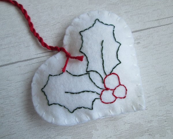 White Felt Heart With Holly Christmas Decoration