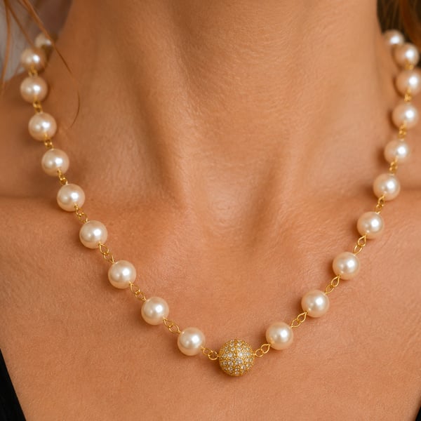 Ladies peach coloured shell pearl rosary link jewellery set