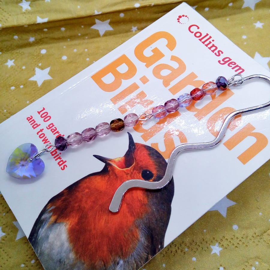 Lilac Crystal Heart Beaded Bookmark with Crystal Beads, Book Lovers Gift