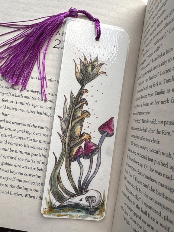 Hand painted  watercolour bookmark fantasy fungi with magenta tassel
