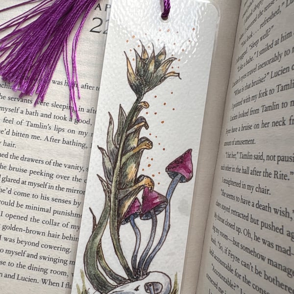 Hand painted  watercolour bookmark fantasy fungi with magenta tassel