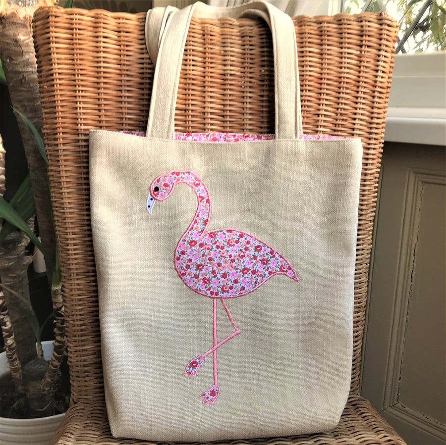 Flamingo tote bag in cream with coral pink floral print flamingo