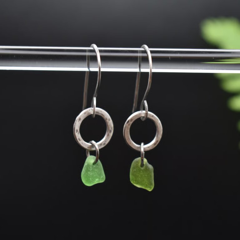 Scottish Sea Glass and Recycled Sterling Silver Earrings, Shades of Green