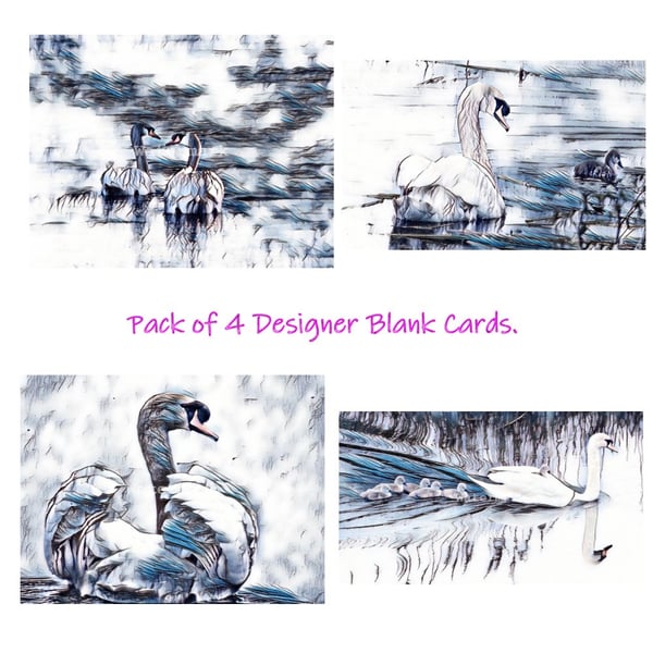  Pack of 4 Blank Swan Cards Unique Designs A5 Size.