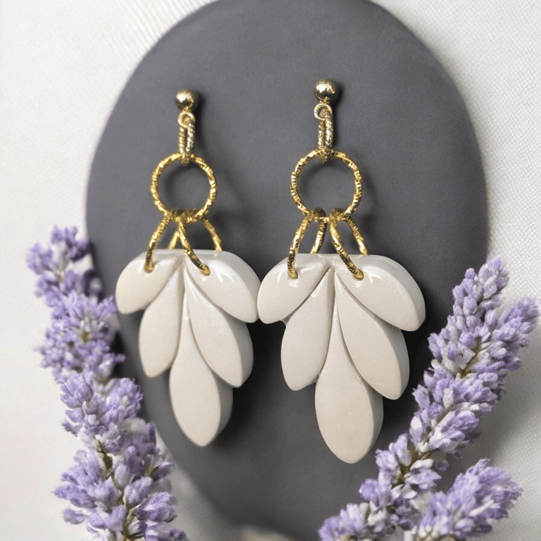 Off white Floral handmade polymer clay Earrings with gold links