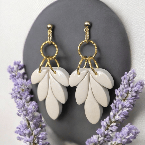 Off white Floral handmade polymer clay Earrings with gold links
