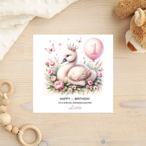 Personalised Cute Baby Swan Child's 1st Birthday Card