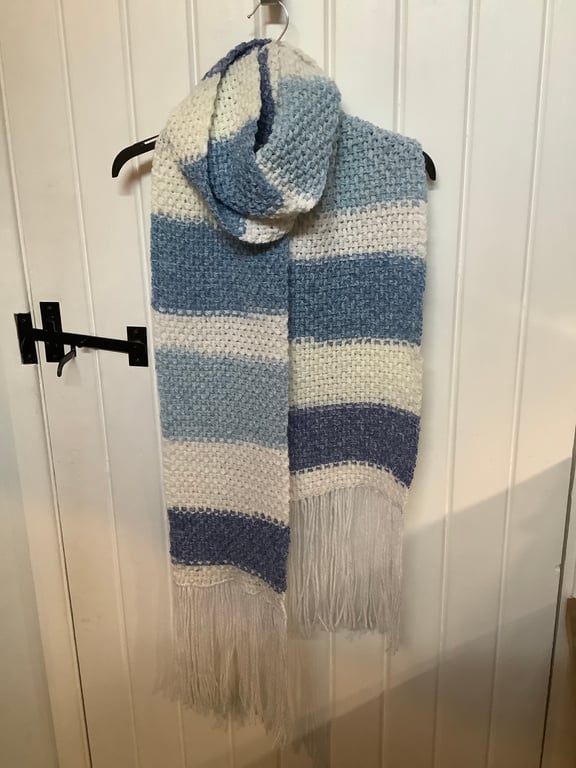 Blue and white striped crochet scarf