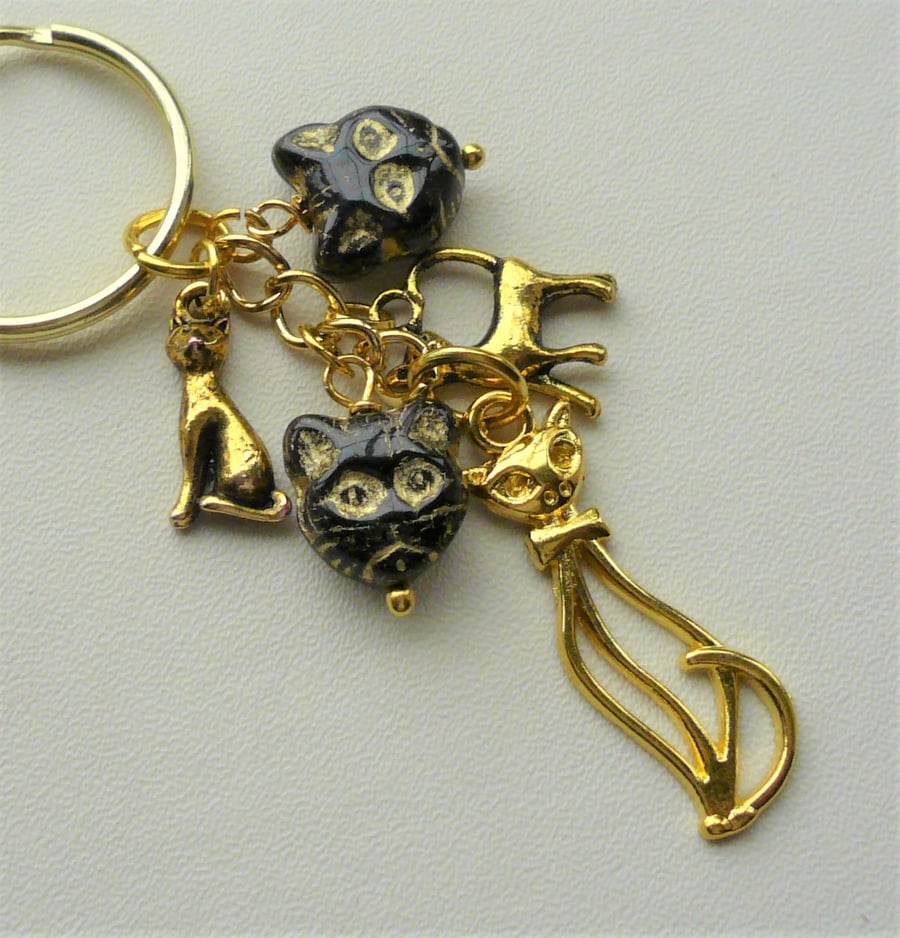 Black Czech Glass Gold Plated Cat Keyring or Bag Charm  KCJ2087