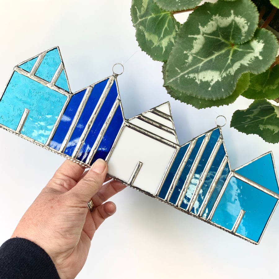 Stained Glass Suncatcher Beach Huts - Handmade Decoration - Turquoise Blue White