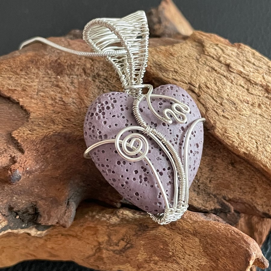 Lilac Flower Heart Lava Stone Wire Wrapped Pendant