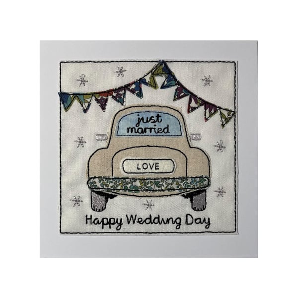 Wedding Card: Linen Wedding Car, 'Just Married'