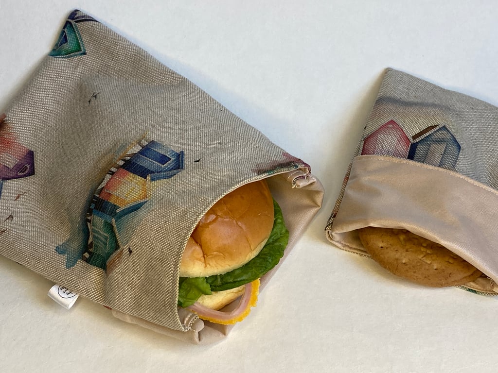 Reusable sandwich or snack bags with beach hut fabric.