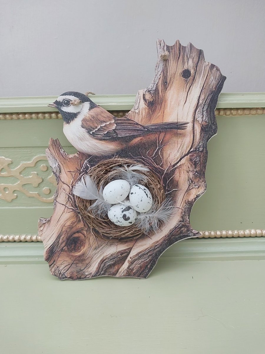 2D Flat Printed Tree Sparrow on Tree with 3D Twig Bird Nest & Eggs Wall Hanging