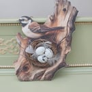 2D Flat Printed Tree Sparrow on Tree with 3D Twig Bird Nest & Eggs Wall Hanging