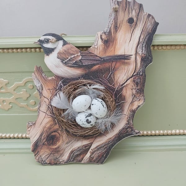 2D Flat Printed Tree Sparrow on Tree with 3D Twig Bird Nest & Eggs Wall Hanging