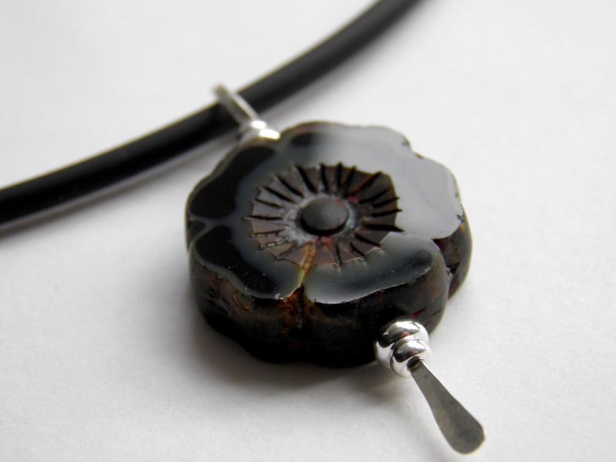 Black Necklace, Flower Pendant, Sterling Silver, Rubber