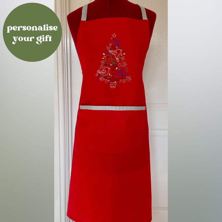 Chef Style Apron In Red Embroidered with 'Christmas Tweets'