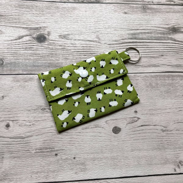 Sheep card holder pouch with a keychain. Loyalty, credit, debit cards purse.
