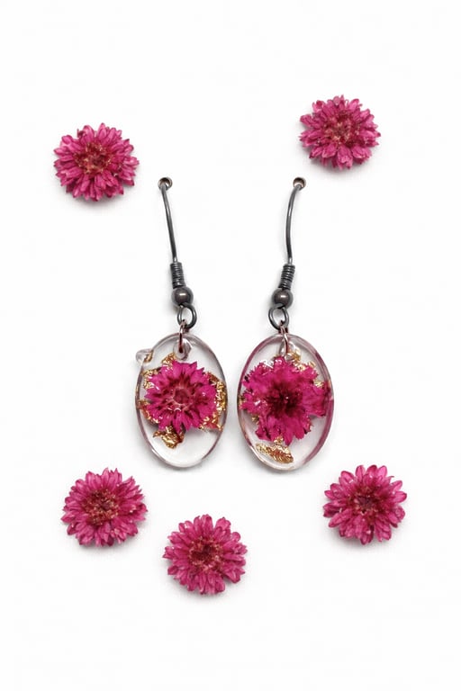 Small Pink Flower Resin Dangle Earrings with Gold Leaf Oval Drops