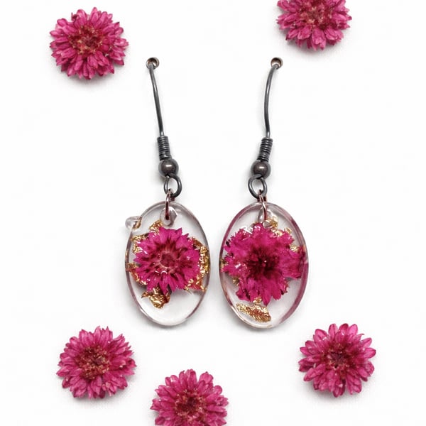 Small Pink Flower Resin Dangle Earrings with Gold Leaf Oval Drops