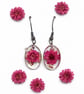 Small Pink Flower Resin Dangle Earrings with Gold Leaf Oval Drops