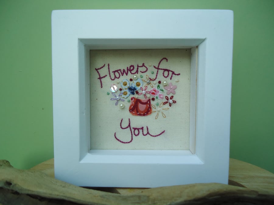 Flowers for You, Embroidered Vase of Flowers, Reds