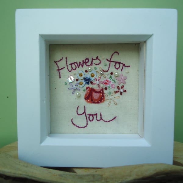 Flowers for You, Embroidered Vase of Flowers, Reds