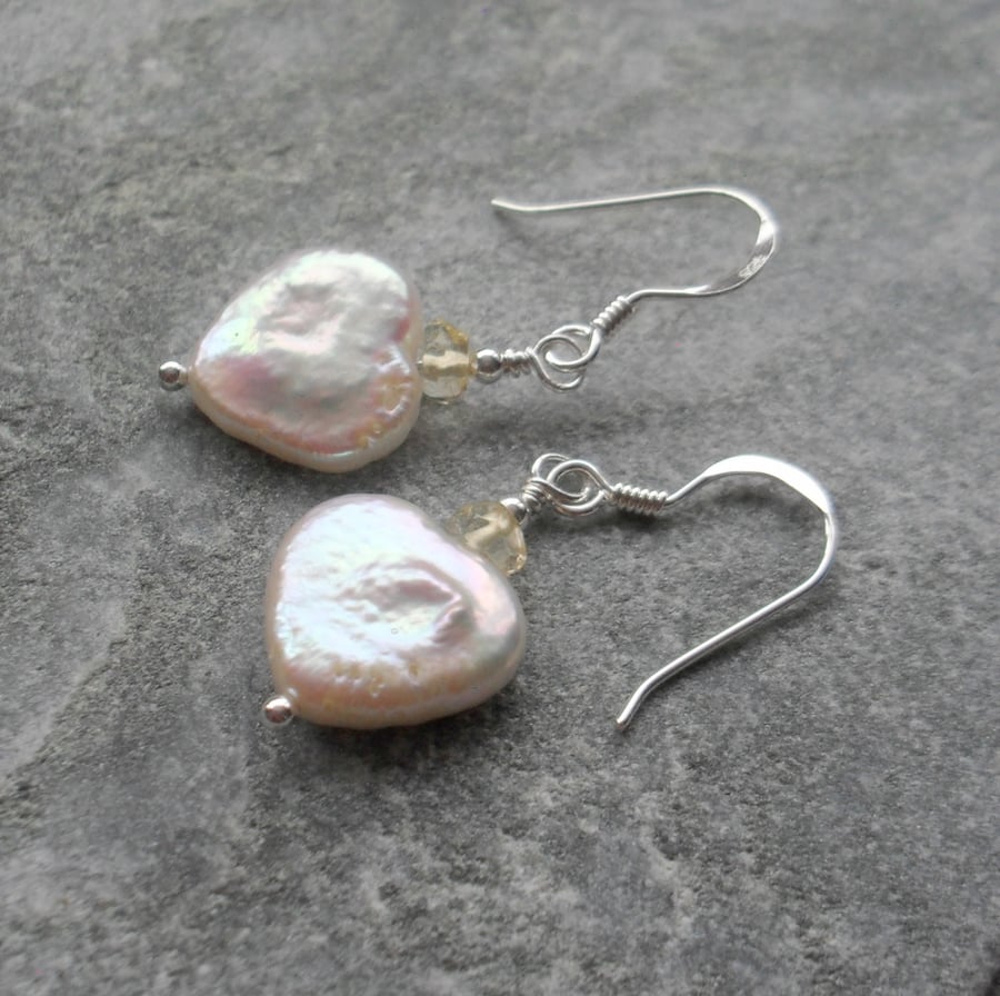 Freshwater Pearl Heart Shaped Earrings With Citrine Sterling Silver