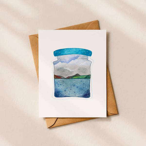Loch Ness in a jar, A6 giclée greetings card with recycled brown envelope