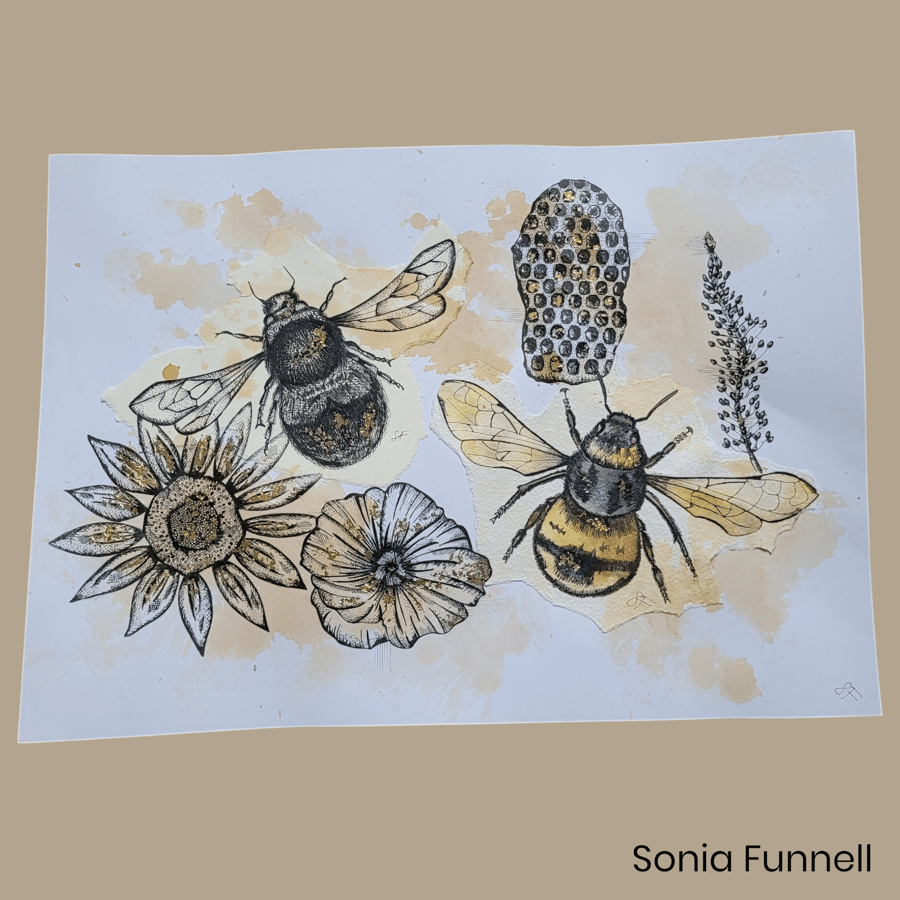 Original Fine Line Bee Drawing 