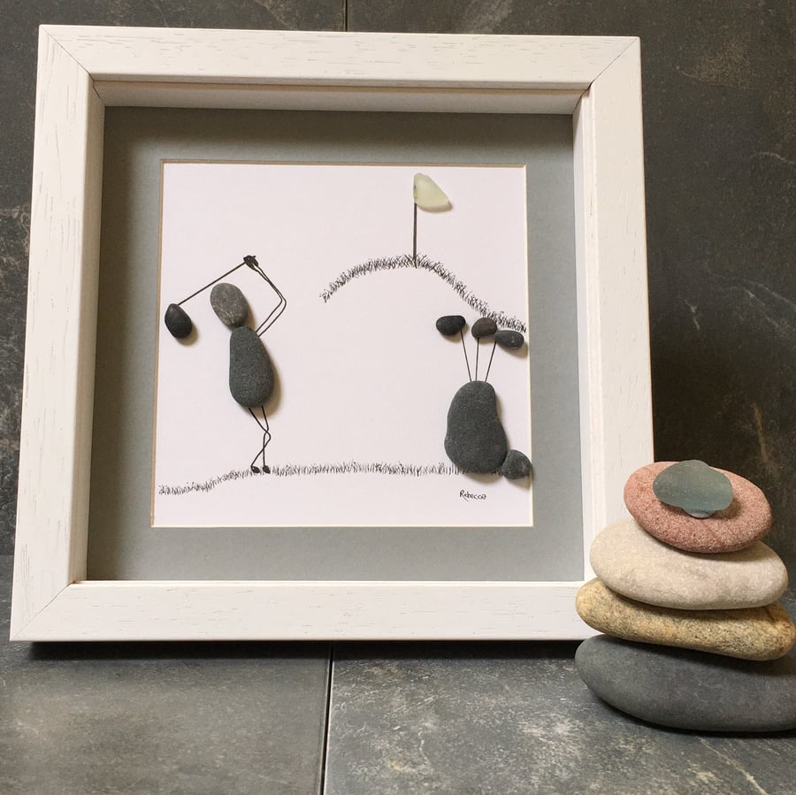 Unique Pebble Art Golf Scene Framed Gift for Enthusiasts