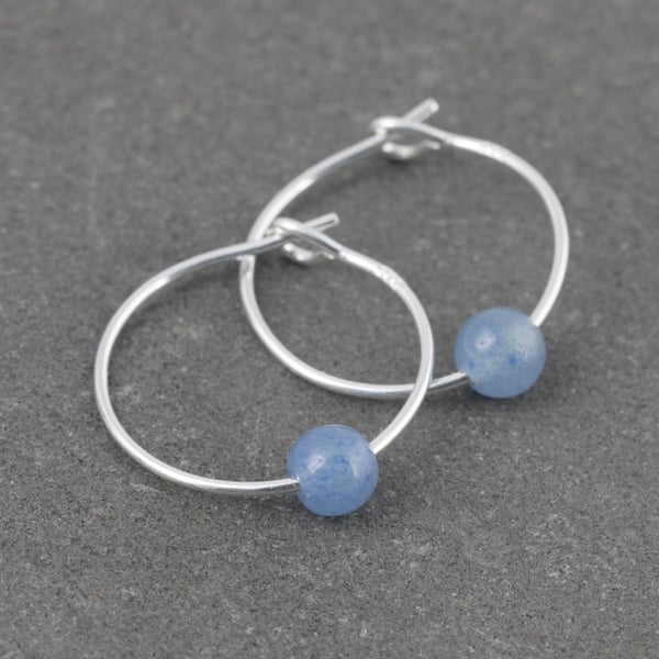 Boho 4mm Blue Aventurine Gemstone & 15mm Sterling Silver Hoop Earrings