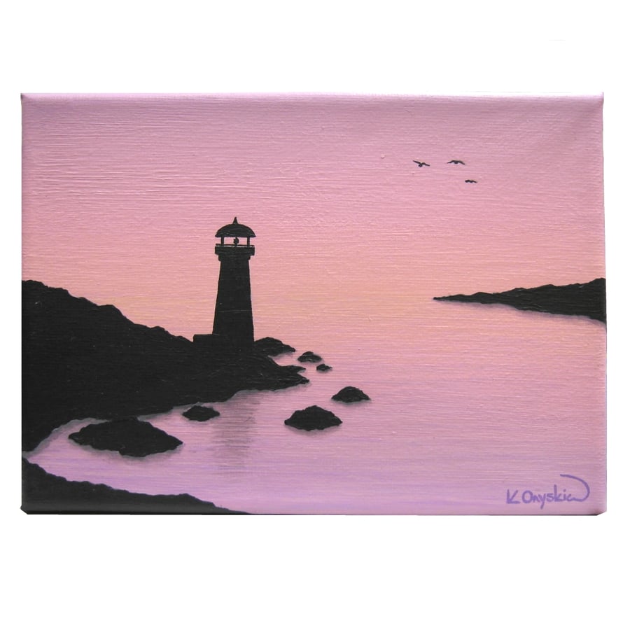 Lighthouse at Dawn Small Canvas Painting - seascape with pink morning sky