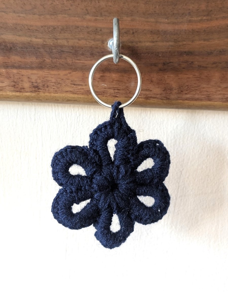 Crochet flower keyring - bagcharm - navy