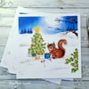 Squirrel Christmas Cards - set of 4 - red squirrel, holly, star, original art 