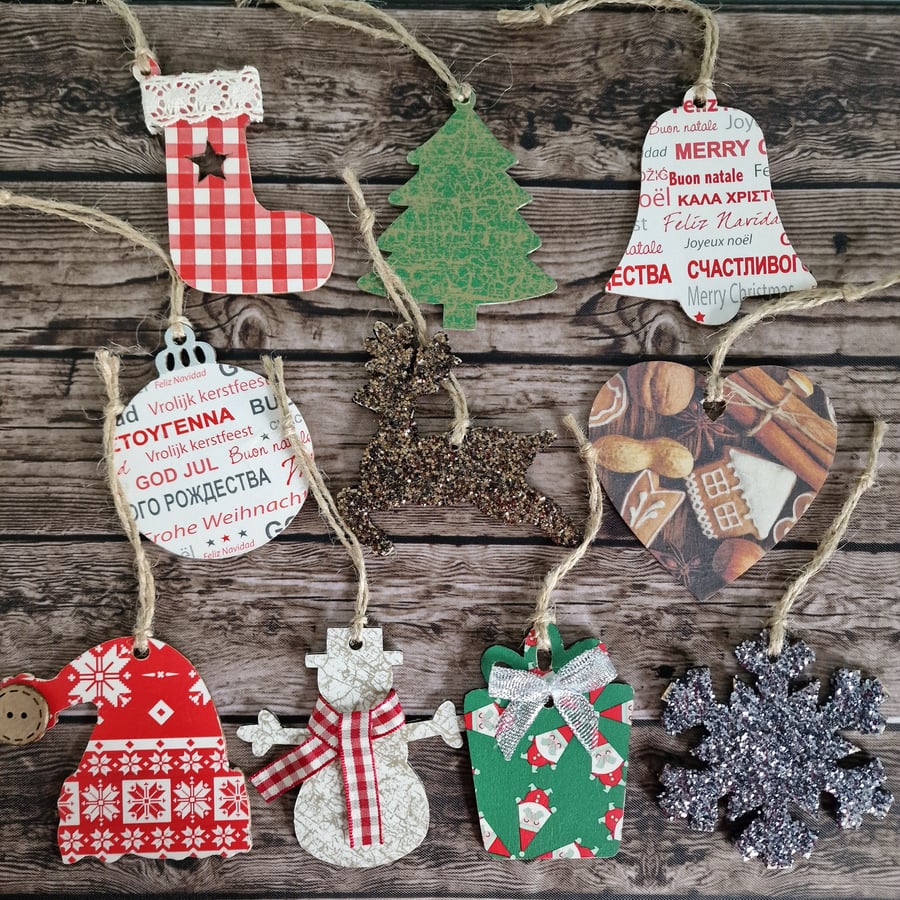 Set of 10 rustic wooden decoupage Christmas decorations