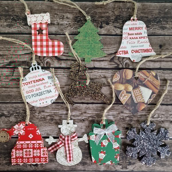 Set of 10 rustic wooden decoupage Christmas decorations