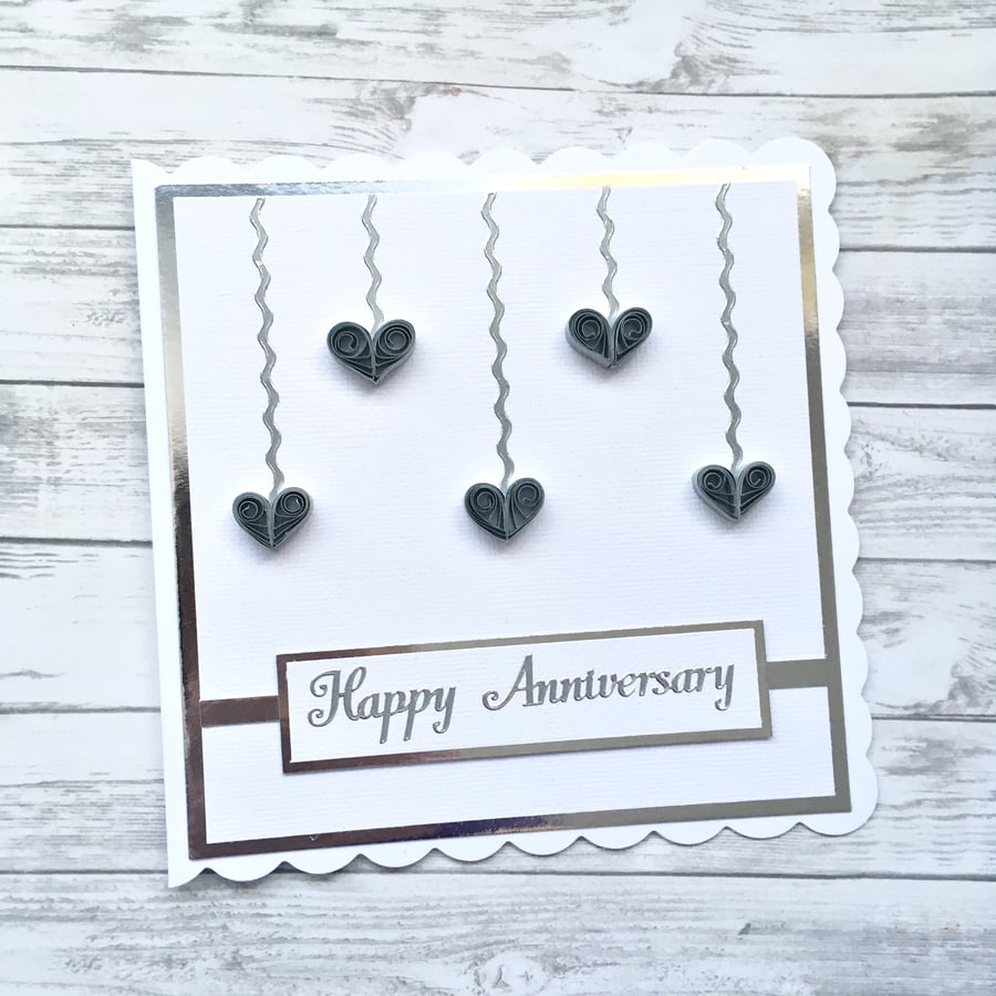 Anniversary card, Silver Wedding - quilled hearts - boxed option