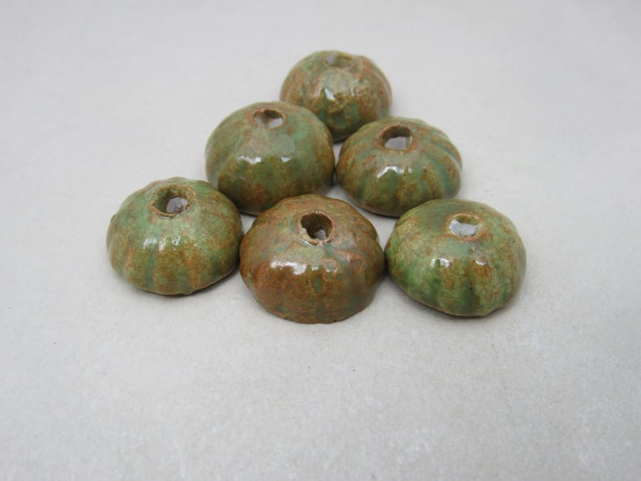 6 Small Grassland Green Brown Half-round Ceramic Flower Beads