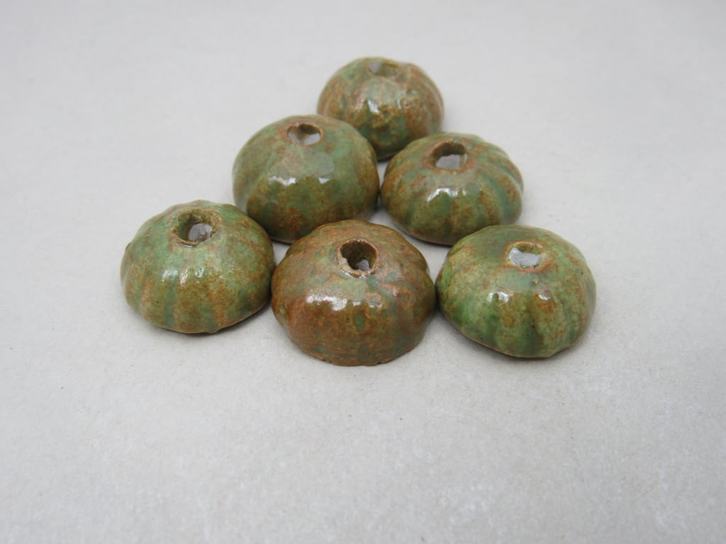 6 Small Grassland Green Brown Half-round Ceramic Flower Beads