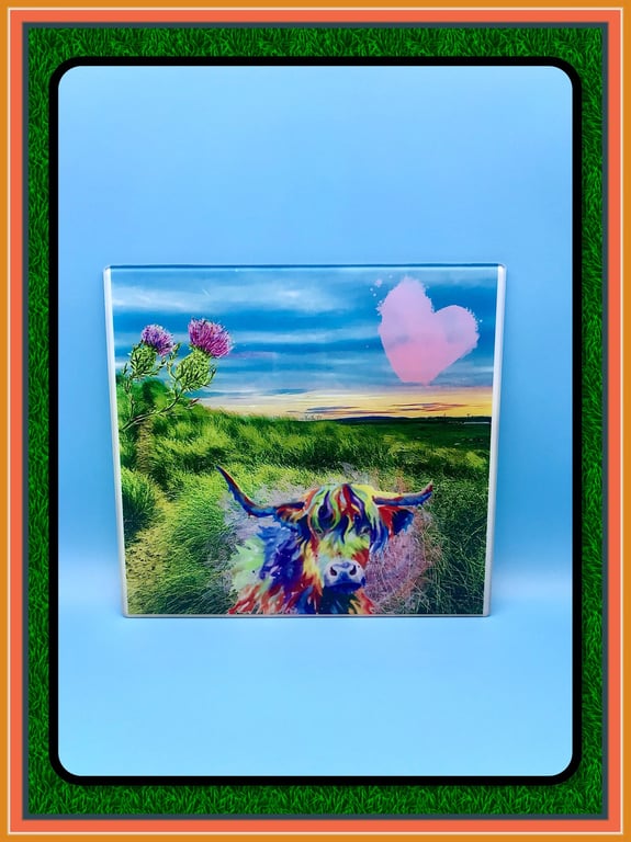 Highland cow, Glass cutting board, with rainbow watercolor design, Scottish art,