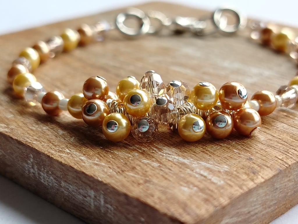 Gold Glass Pearl and Champagne Faceted Glass Bead Cluster Bracelet 
