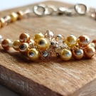 Gold Glass Pearl and Champagne Faceted Glass Bead Cluster Bracelet 