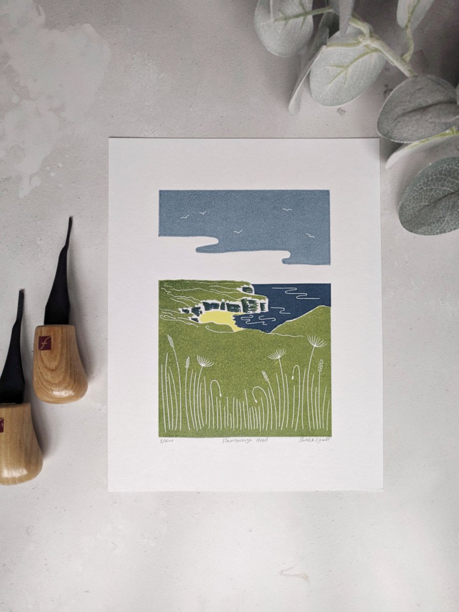 Flamborough Head Print, North Yorkshire Coast Linocut Print, Limited Edition