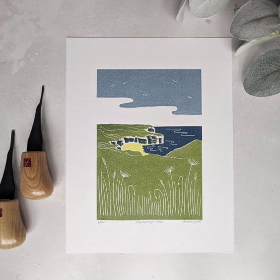 Flamborough Head Print, North Yorkshire Coast Linocut Print, Limited Edition
