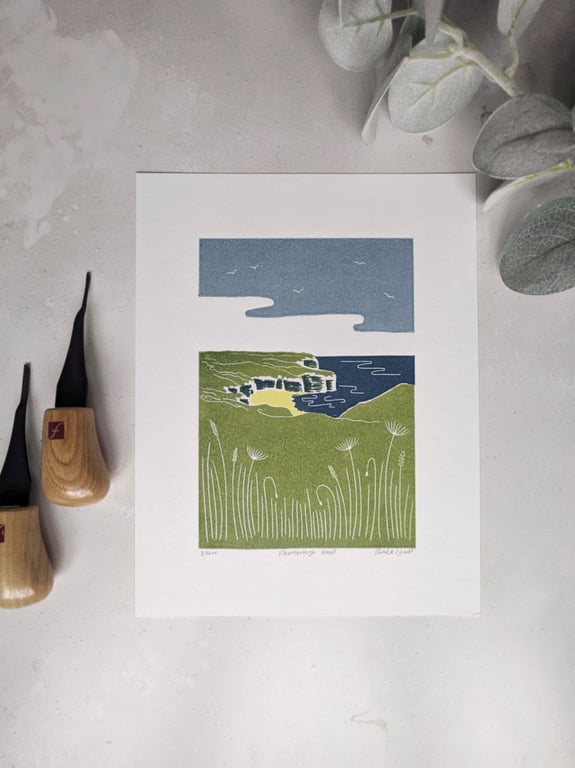 Flamborough Head Print, North Yorkshire Coast Linocut Print, Limited Edition