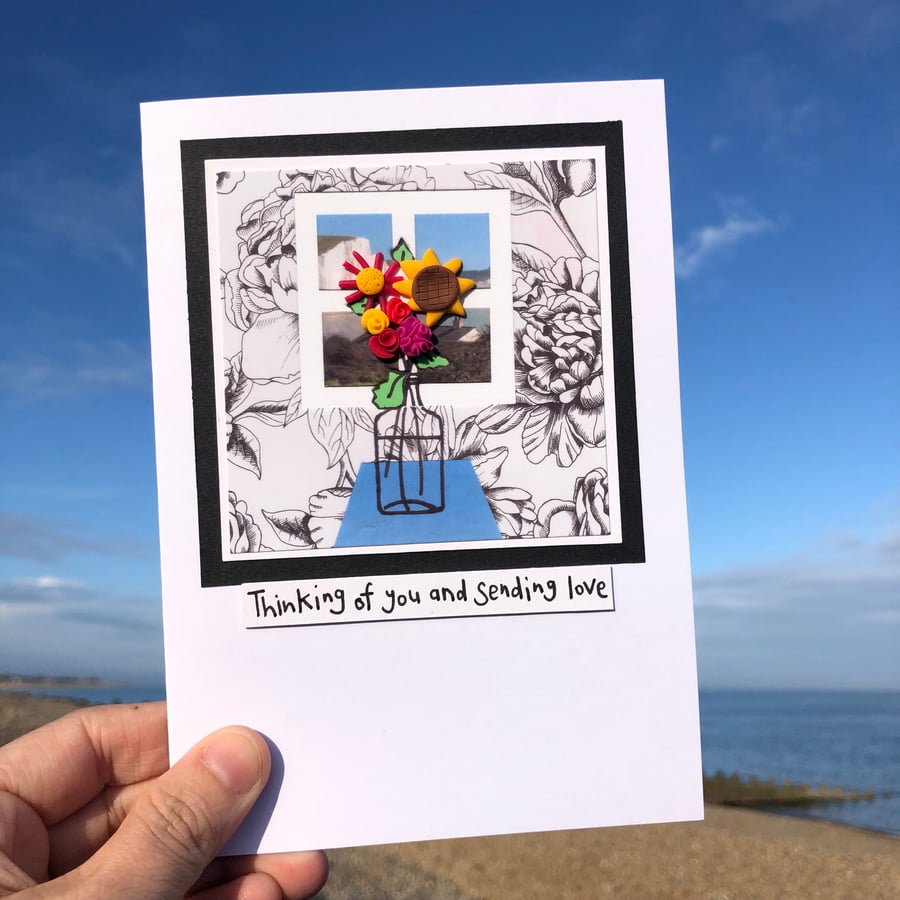 Vase of Roses with a View Thinking of You and Sending Love Card